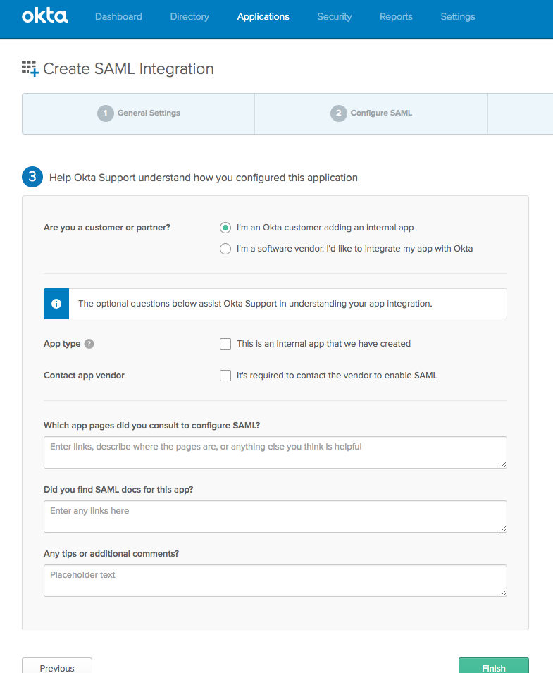 Create SAML Application Finish