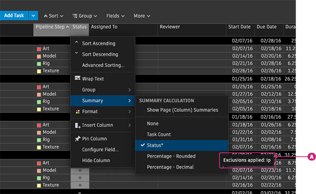 The column header Summary menu with the Status option checked and marked with an asterisk, and a tooltip listing the excluded statuses.
