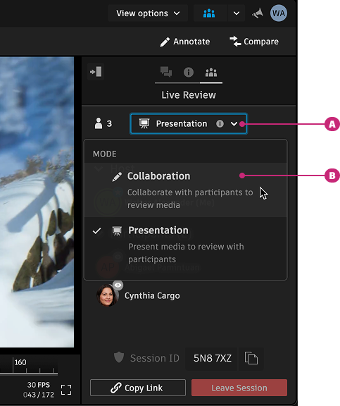 Collaboration mode selector open in the Live Review panel in Creative Review, showing options for collaboration or presentation with participant list visible.