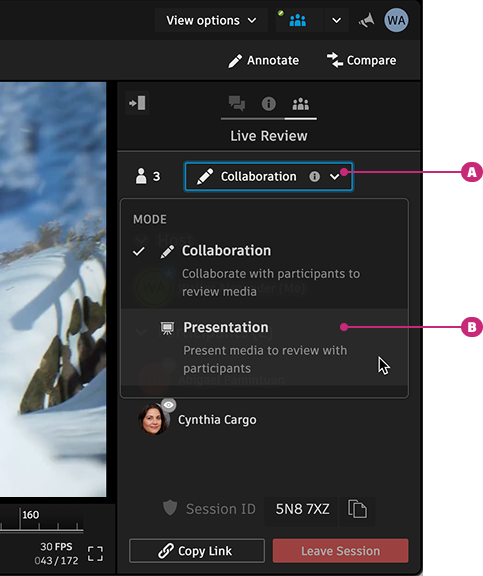 Mode selection menu open in the Live Review panel in Creative Review, showing options for collaboration or presentation with participant list visible.