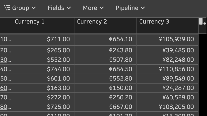 example of currencies in field