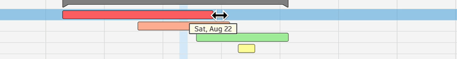 Resize pointer on the right edge of a Task bar, with a tooltip showing the new date