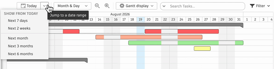 The Gantt controls, with the Today menu open on the preset date ranges