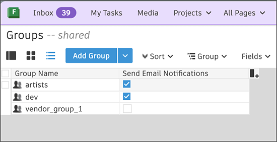 Groups page showing the Send Email Notifications column