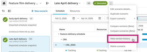 Version History access from menu