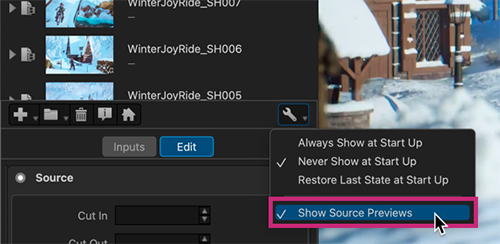 The “Show Source Previews” menu option in the RV Session Manager.