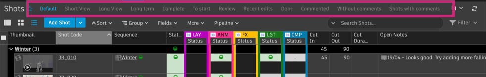 Saved view tabs on a page