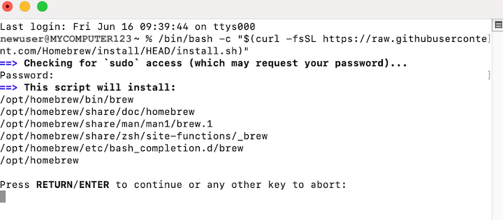 Hit RETURN to install Homebrew