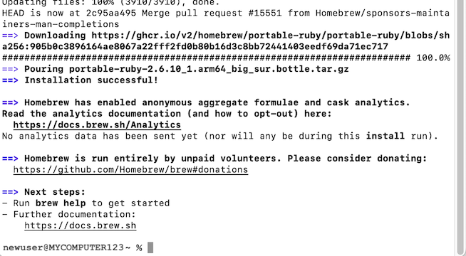 Installation of Homebrew is complete