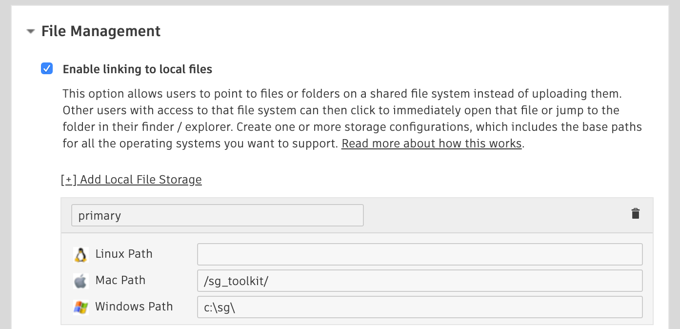 Flow Production Tracking storage roots section in the site preferences.