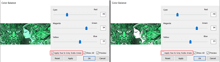 Apply Hue to Grayscale Areas enabled and disabled