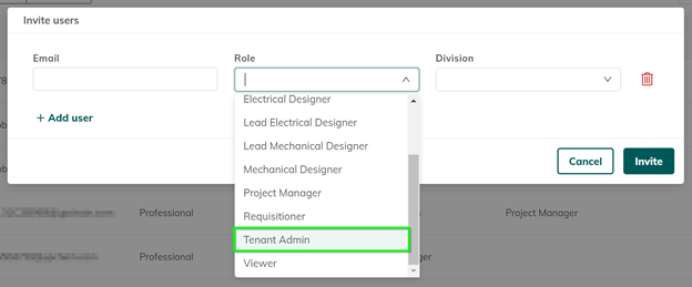 Tenant Admin role available when creating invites