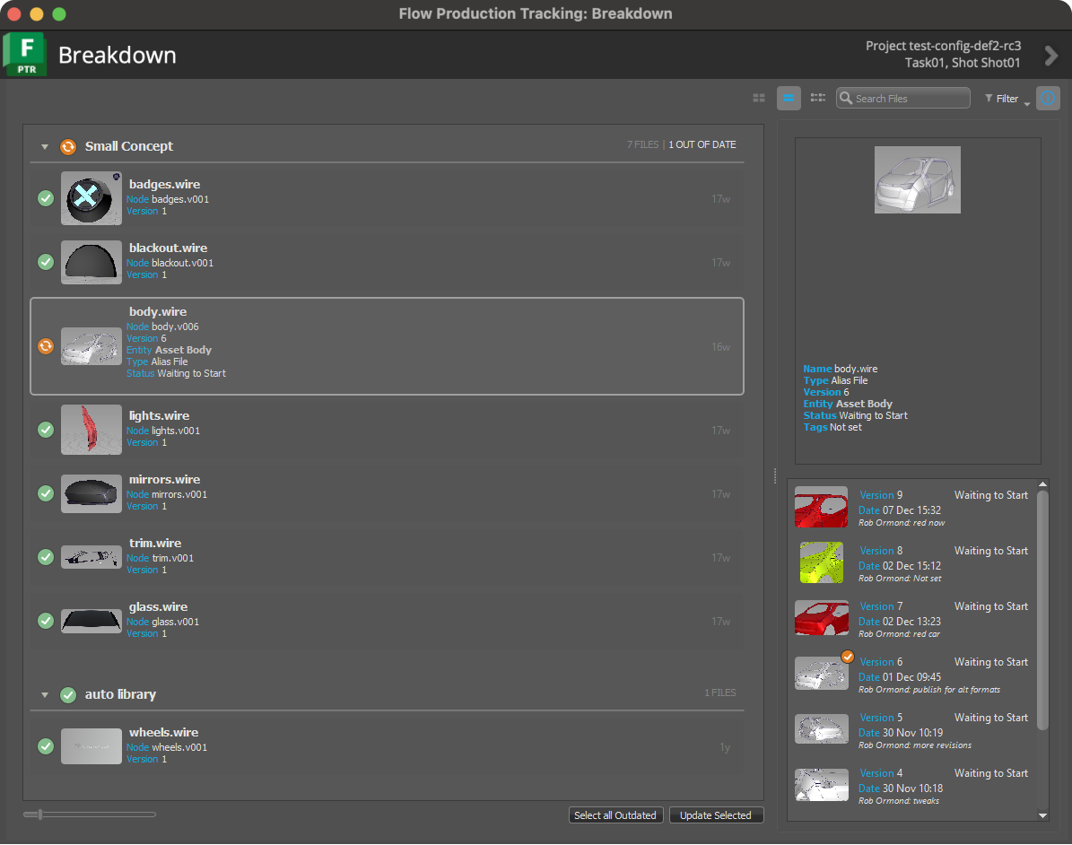 The scene breakdown dialog for VRED