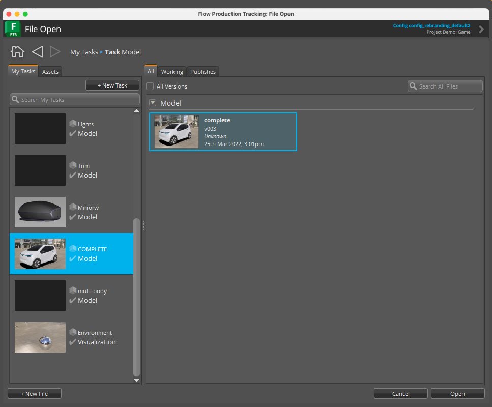 The File Open dialog in VRED