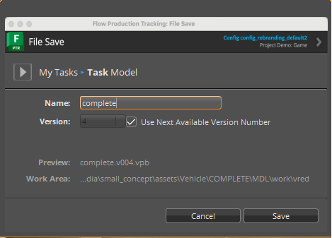 The File Save dialog in VRED