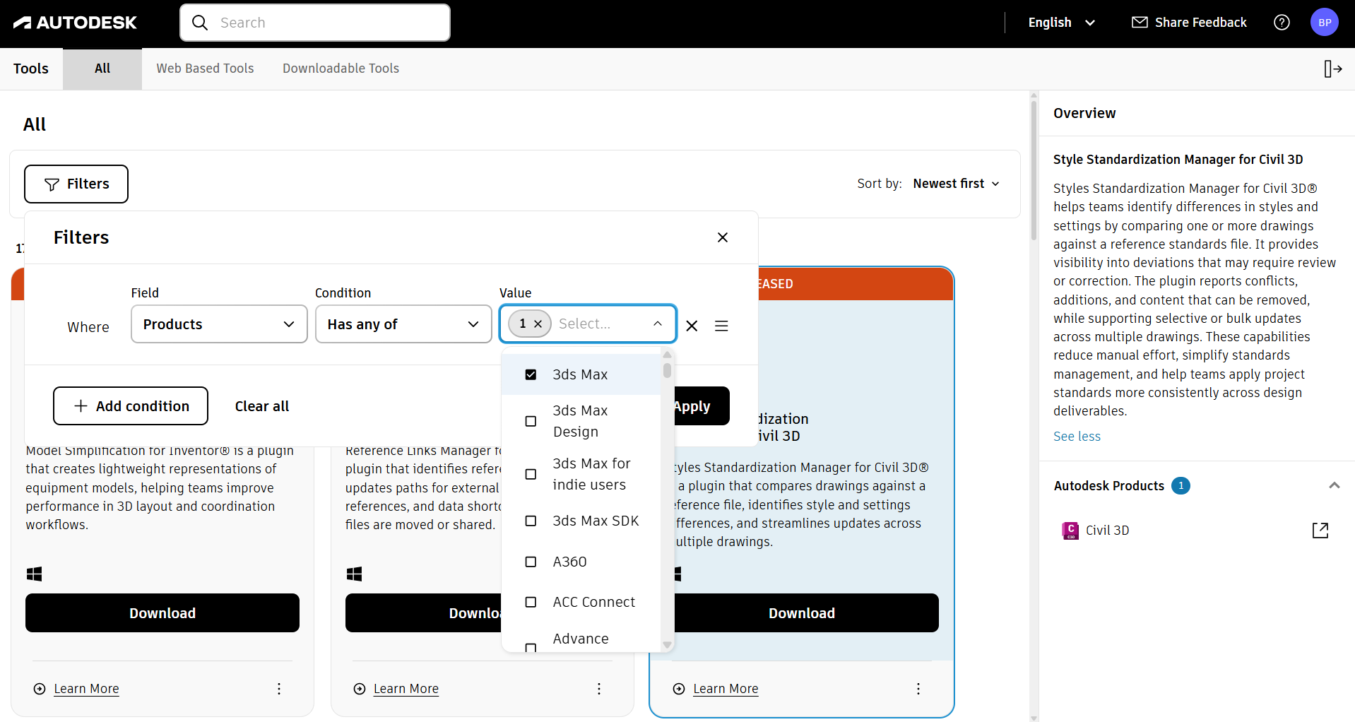 Filters and sort controls on Tools catalog