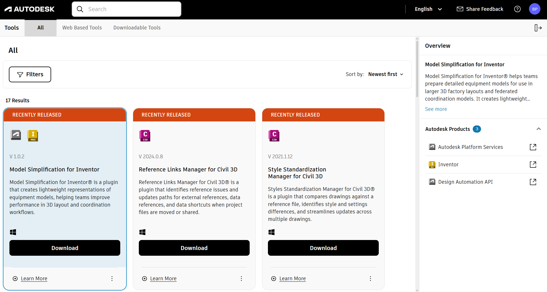 Tools catalog with All tab selected
