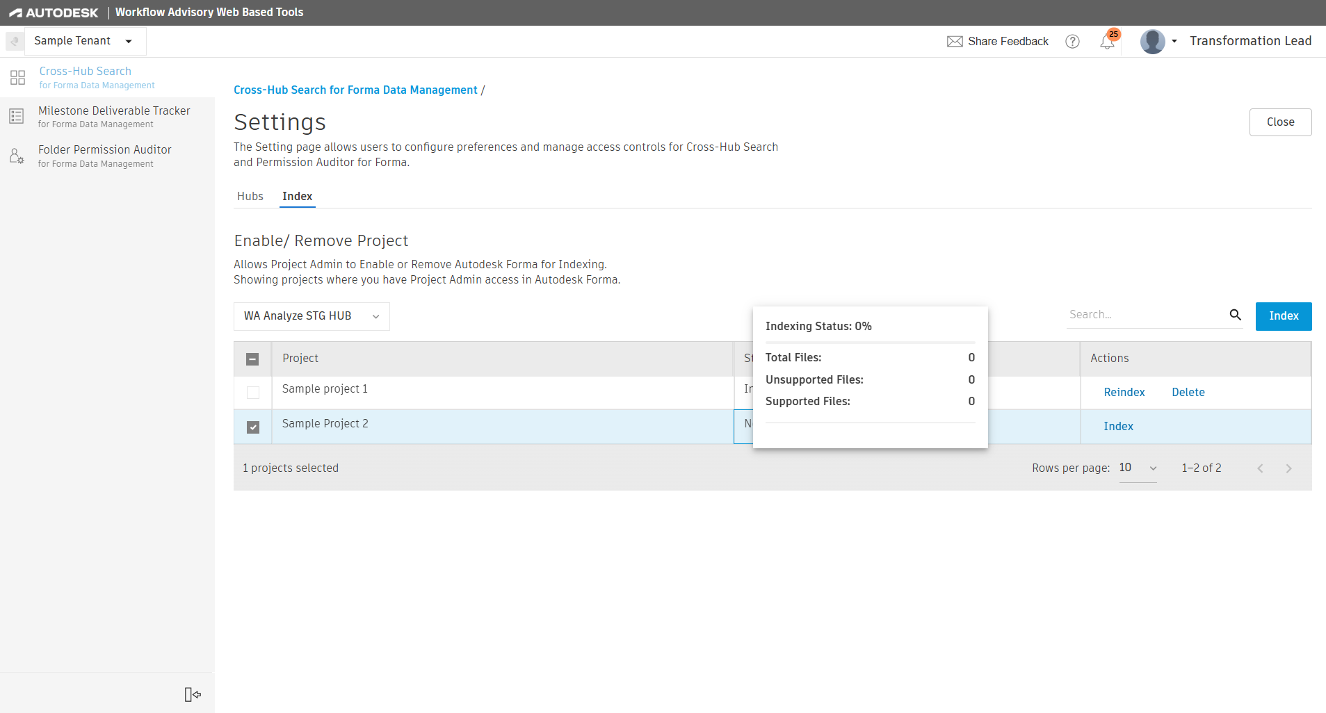 Project indexing status