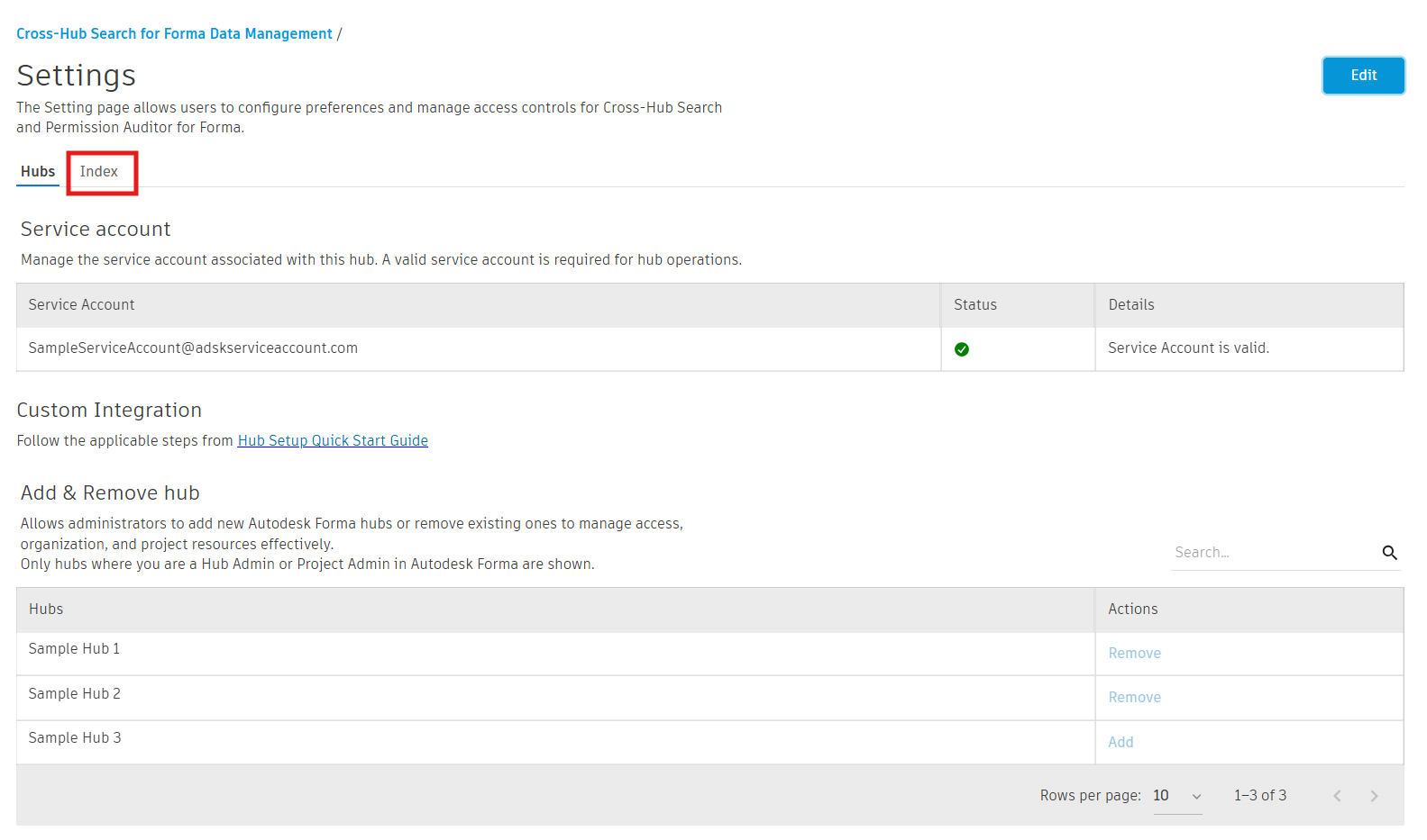 Settings Index tab