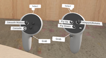 A screenshot from Workshop XR in VR showing the controllers with thier buttons labeled