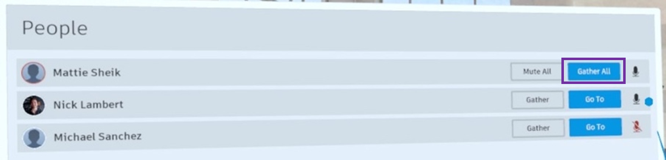 People Menu An example of the People Console with other users to gather. The gather all button is highlighted