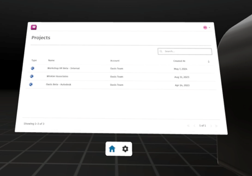 A screenshot from the VR app showing the Project browser