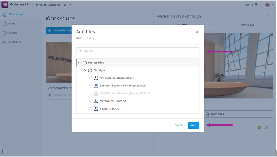 Screenshot of Workshop XR Web interface add file menu