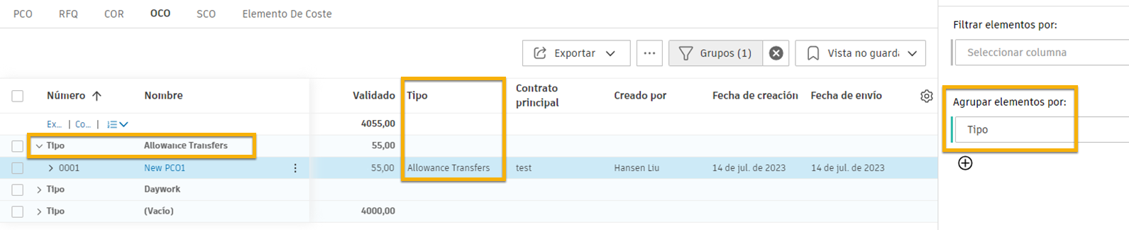 OCO con tipo de Transferencias de tolerancia aplicadas