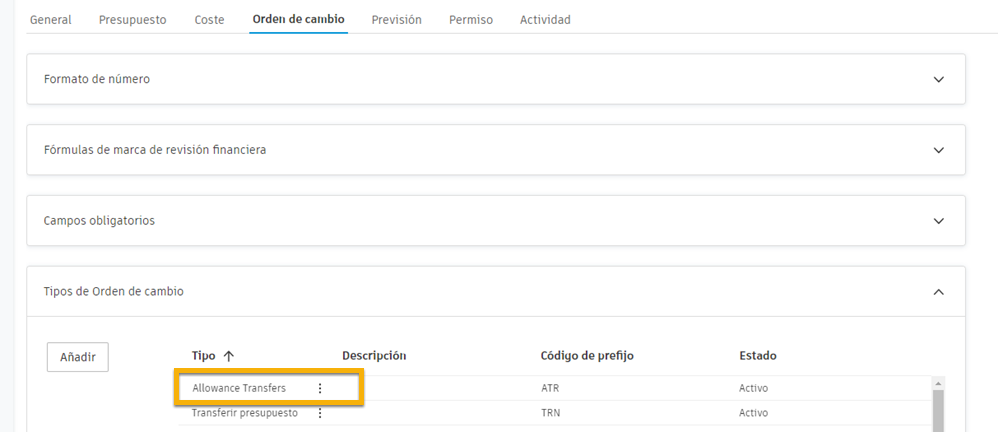 Configuración de tipo de orden de cambio que muestra la configuración de Transferencias de tolerancia