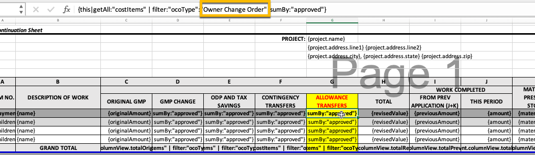 Hoja de cálculo de Excel que muestra la configuración de la columna Orden de cambio del propietario