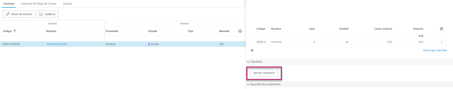 Panel Aplicar detalles de impuesto