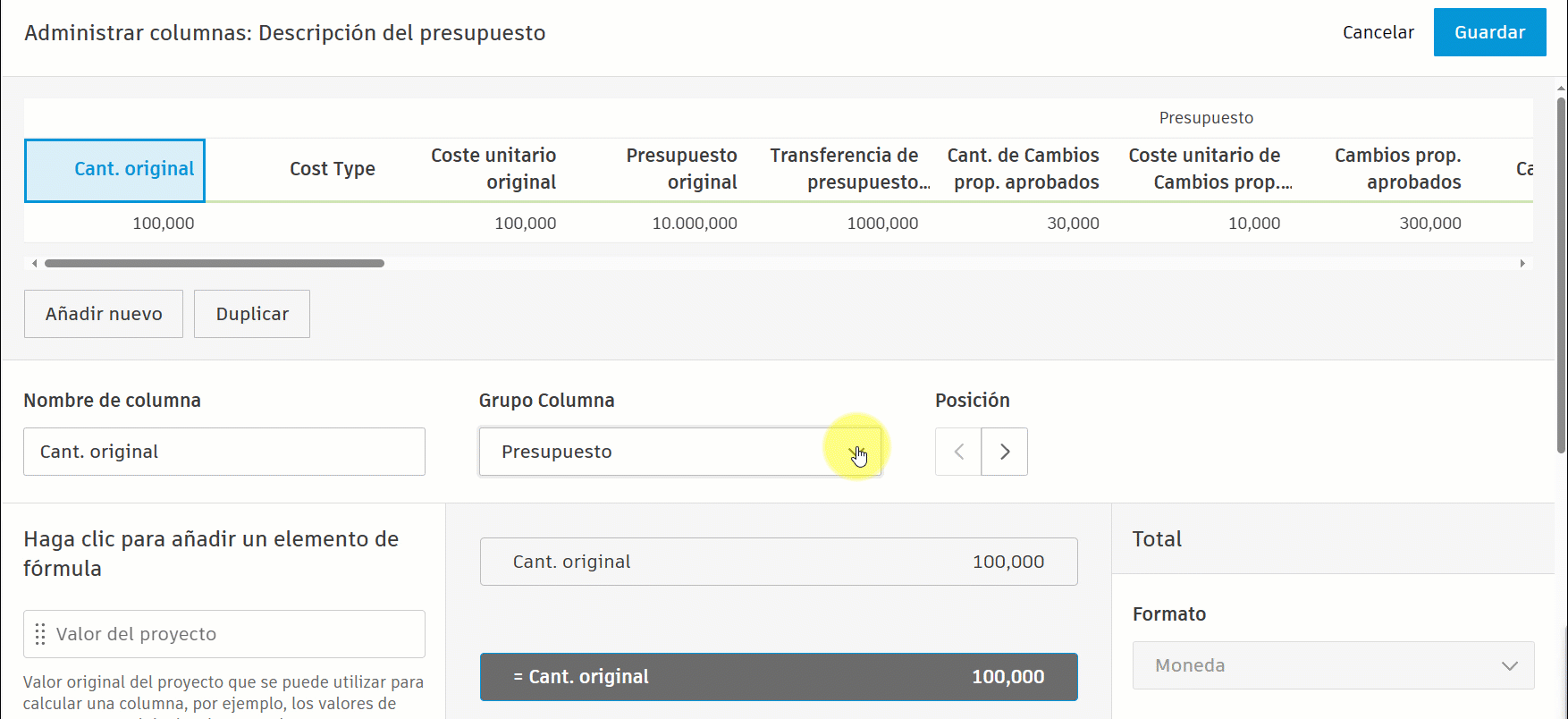 Administración de columnas de descripción general del presupuesto