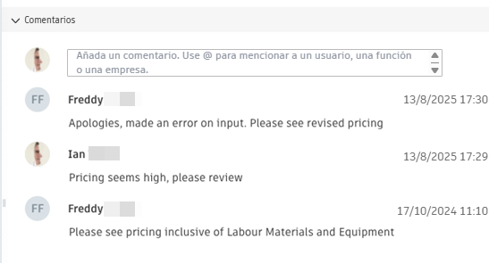 Sección de comentarios de RFQ que muestra varias entradas de comentarios