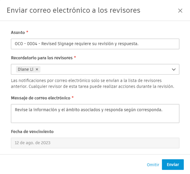 Cuadro de diálogo de envío del flujo de trabajo de aprobación