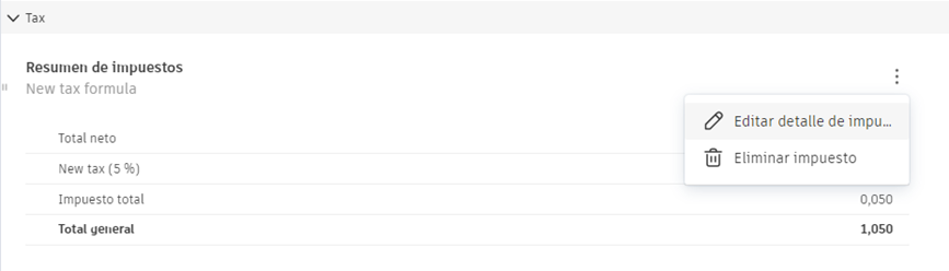 Menú Más del coste de impuestos