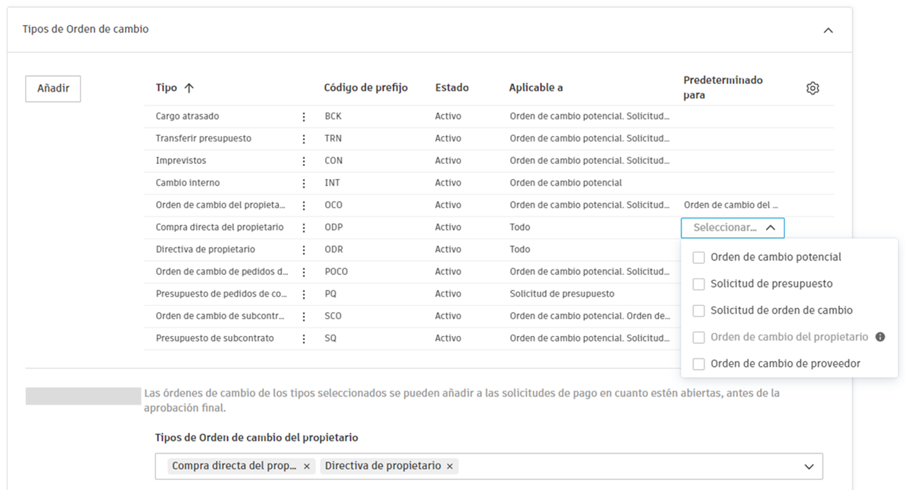 Configuración de Tipo de orden de cambio por defecto que muestra opciones de casilla de verificación para establecer tipos por defecto