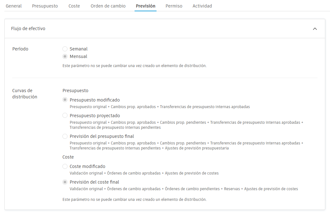 Panel de configuración de Curvas de distribución que muestra opciones de presupuesto y costes para la previsión de flujo de efectivo