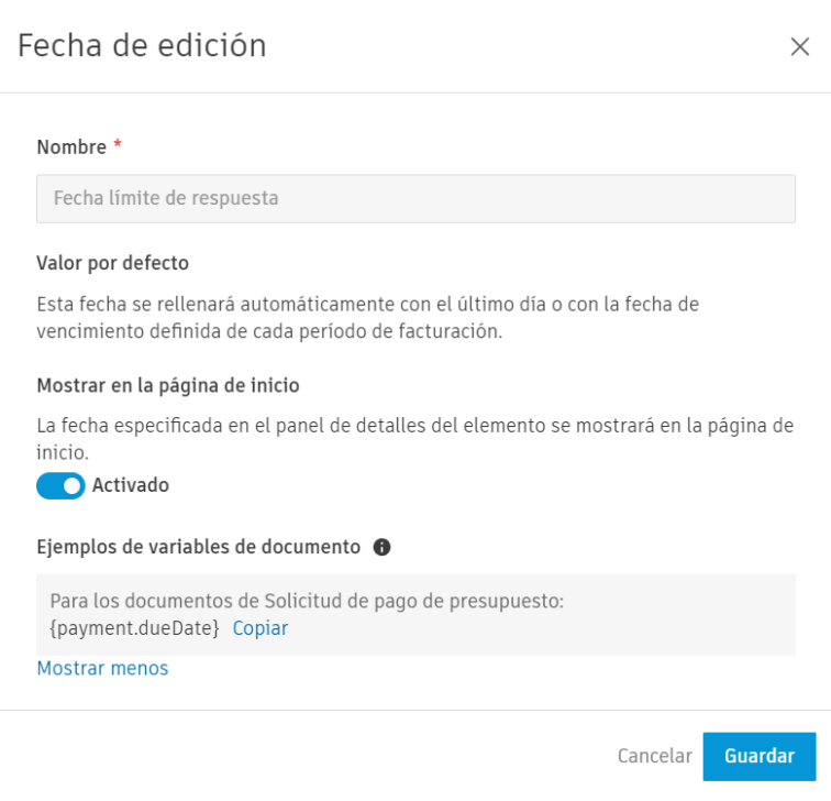 Cuadro de diálogo Editar fechas que muestra las opciones de configuración de fechas y las variables del documento
