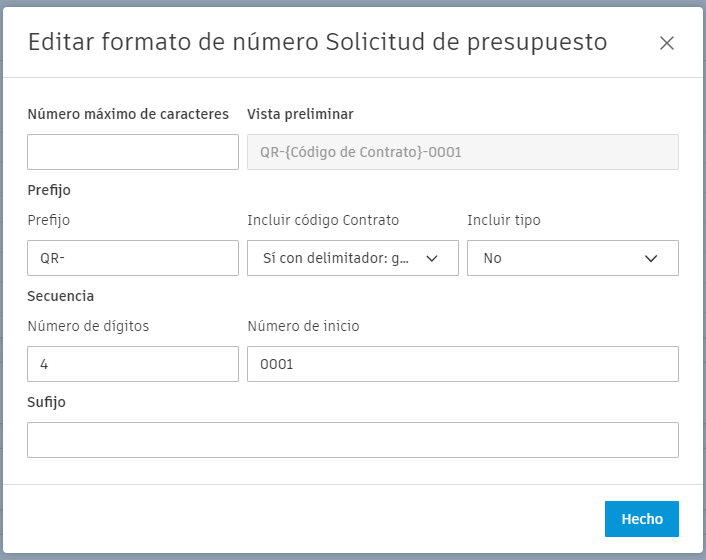 Cuadro de diálogo Editar formato de número de RFQ que muestra los campos de caracteres máximos, prefijo, dígitos, número inicial y sufijo