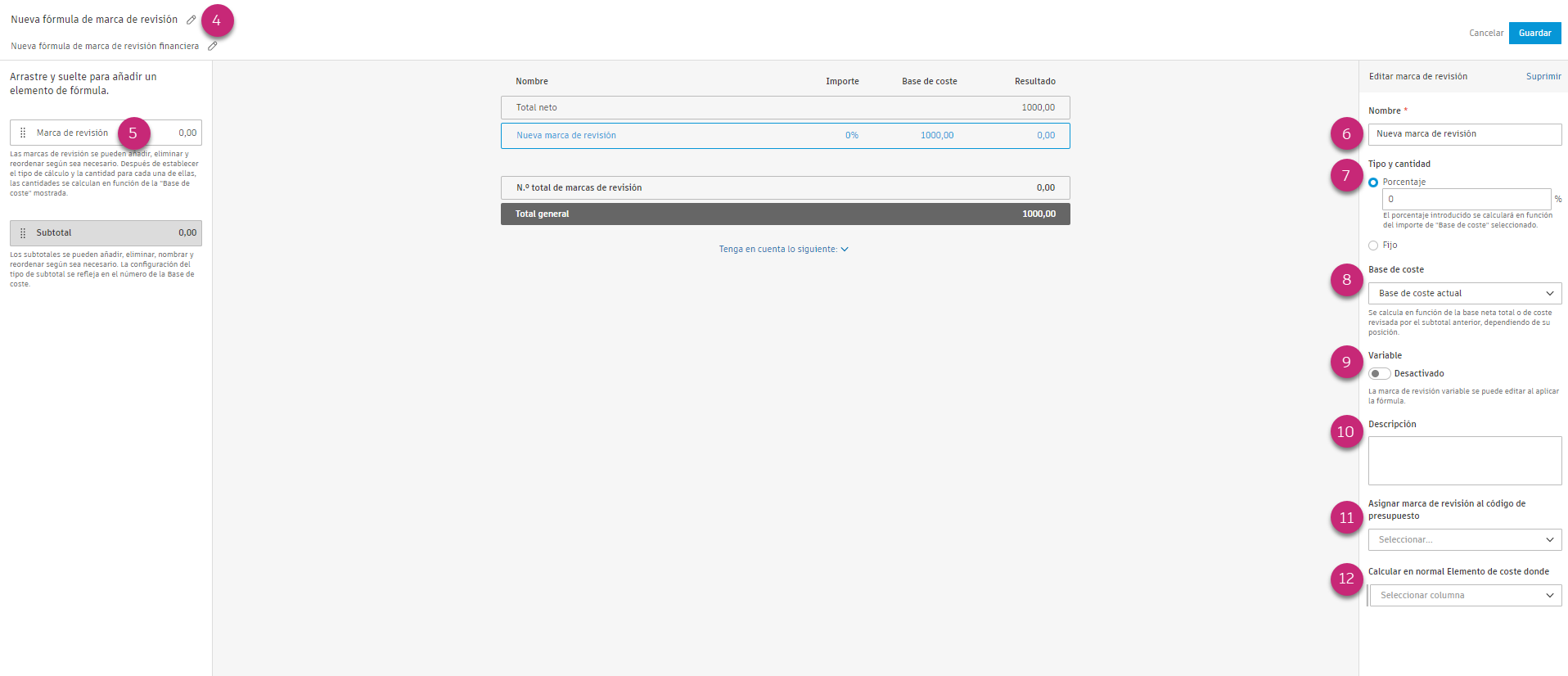 Interfaz de configuración de fórmula de marca de revisión financiera que muestra la configuración de marca de revisión, las opciones de base de coste y el generador de fórmulas