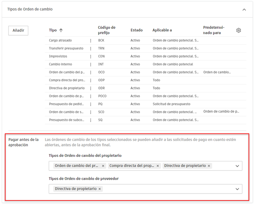 Configuración de Pagar antes de la aprobación que muestra menús desplegables de selección de tipo de OCO y SCO