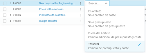 Personalización del ámbito de PCO y elementos de coste que muestra los campos de nombre y descripción con Contingencia cambiado a un ejemplo de Transferencia
