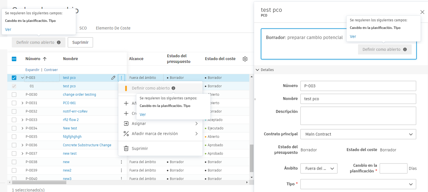 Mensaje de validación de campos obligatorios que muestra los campos obligatorios que faltan con el botón Ver para redirigir a los datos que faltan