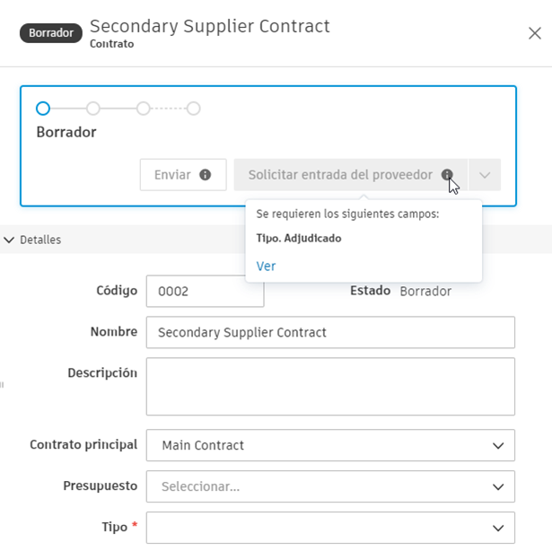 Mensaje de validación de campos obligatorios para contratos