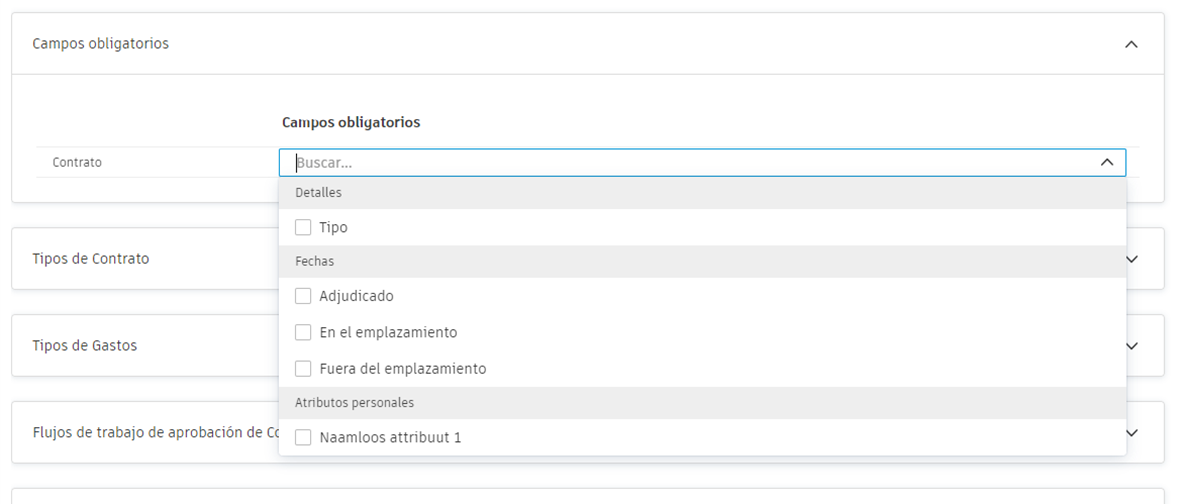Campos obligatorios para la configuración de contratos