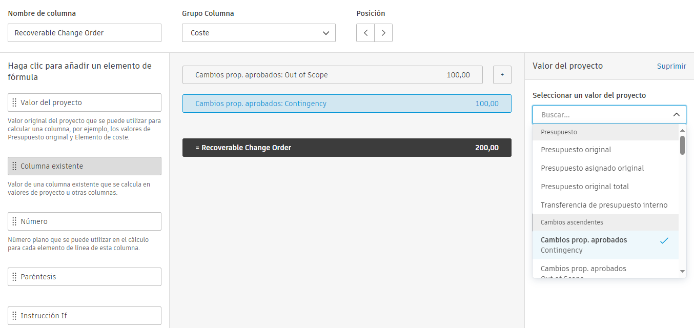 Panel lateral derecho que muestra la selección de valores