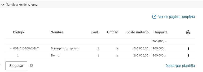 Tabla de valores del contrato que muestra la estructura de códigos de presupuesto