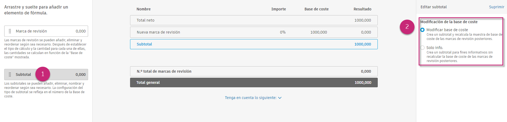 Opciones de configuración de subtotal que muestran las opciones de botón de opción Revisar base de coste y Solo información