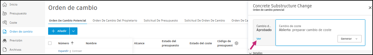 Ventana Cambio de coste que muestra la RFQ con el estado Aceptado