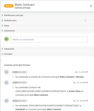 La vista de las actividades del contrato principal